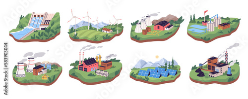 Alternative energy power plants and green electric energy generation stations. Isometric power. Solar panels, bio fuel, coal, thermal or geothermal, nuclear tidal and water wave power stations. Energy