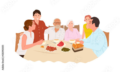 Various holiday meal as kids, parents and grandparents eat together.