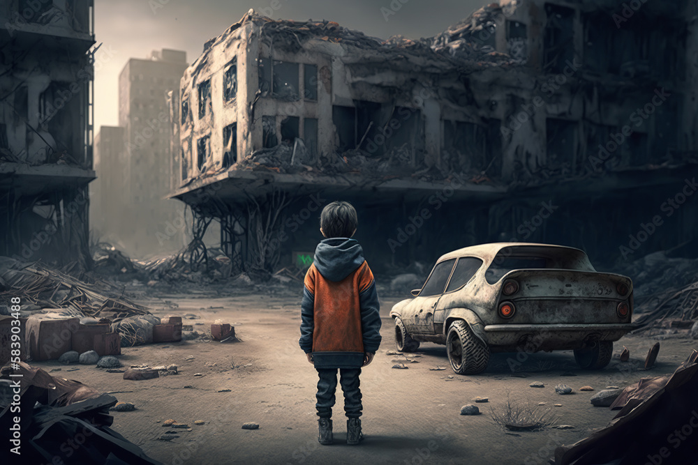 Illustration of lonely boy in city destroyed by war or disaster, rear view. Generative AI