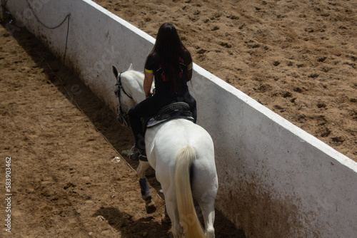 A woman riding a white horse