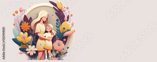 Illustration of mother with her little child, Banner concept of Mothers day. Generative AI