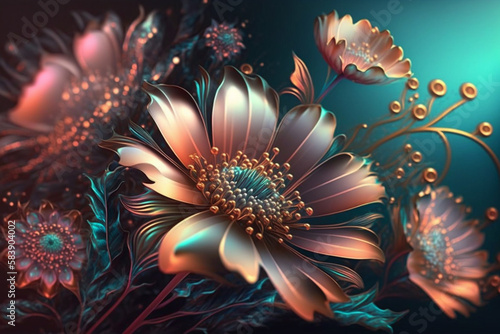 Holographic Flowers for spring concept with copy space, Generative AI