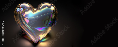 Reflective colourful holographic heart on a dark background, banner, Generative AI