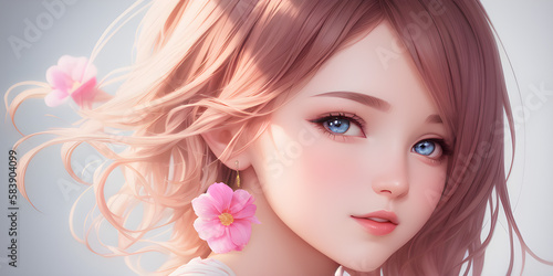 Beautiful anime girl, background pink flowers. © Bogdan.Vision