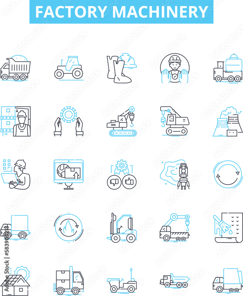 Factory machinery vector line icons set. Machinery, Factory, Equipment, Automation, Process, CNC, Install illustration outline concept symbols and signs