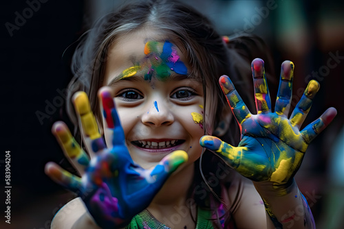 A child with painted hands. Generative Ai. 