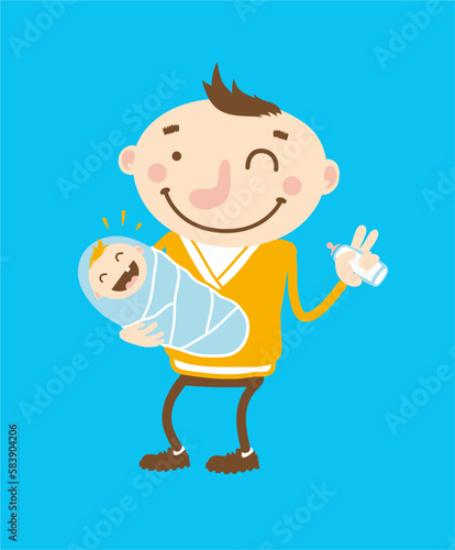 Happy Father Holding Baby in His Hands Vector Illustration