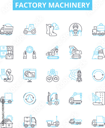 Factory machinery vector line icons set. Machinery  Factory  Equipment  Automation  Process  CNC  Install illustration outline concept symbols and signs