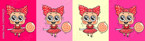 Little Girl with Bow and Big Eyes in a Sundress and with Lollipop Vector Illustration