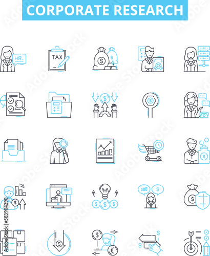 Corporate research vector line icons set. Corporate, research, analysis, business, market, strategy, data illustration outline concept symbols and signs