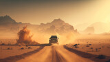 Illustration of car traveling through the desert dusty road under the sun. Sunset in desert beautiful rays of light and clouds. 3D realistic illustration. Based on Generative AI 