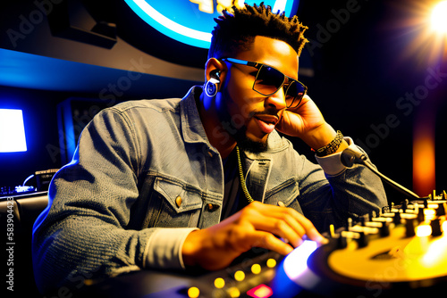 Professional african american DJ in headphones with sound mixer in nightclub. Generative ai.