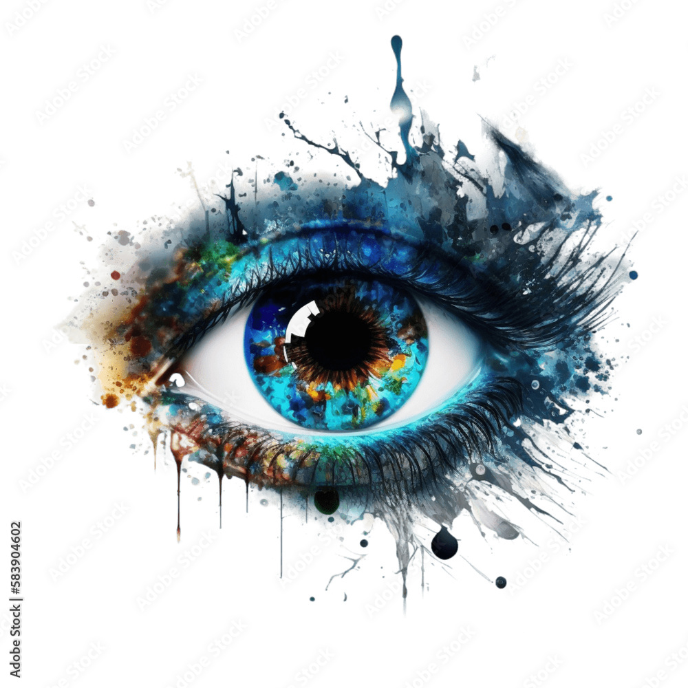 Abstract woman eye watercolor splash art on transparent background. Beautiful graphic design in style of contemporary watercolor painting abstract showing creativity and fantasy. Generative AI. PNG-24