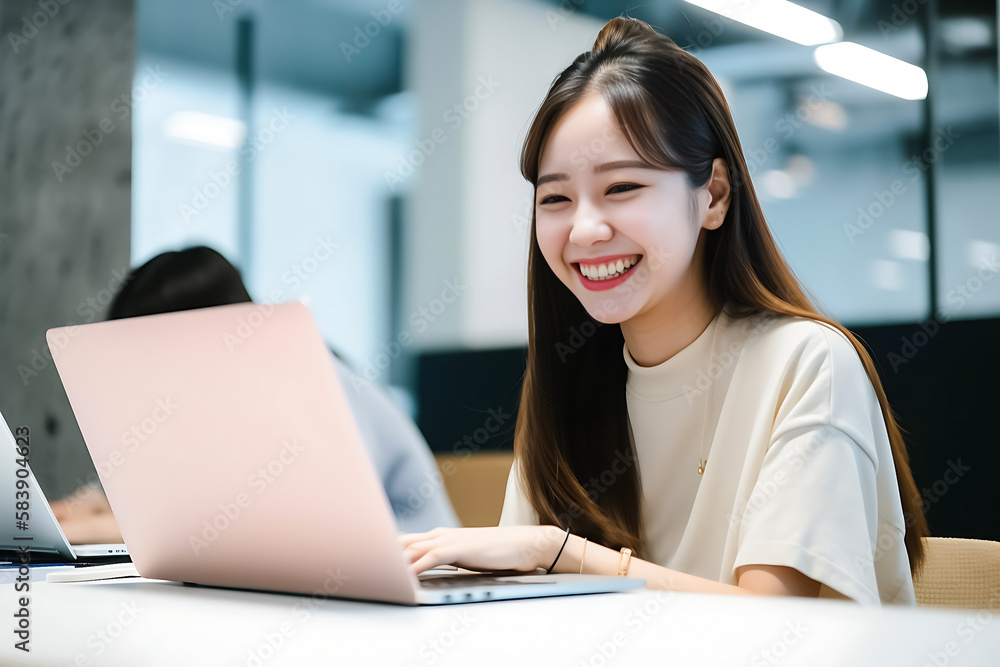 Fototapeta premium Office Working Girl, Pretty and Cute Asian Smile is sitting in front of Laptop Computer in Office Environment Background created with generative AI.