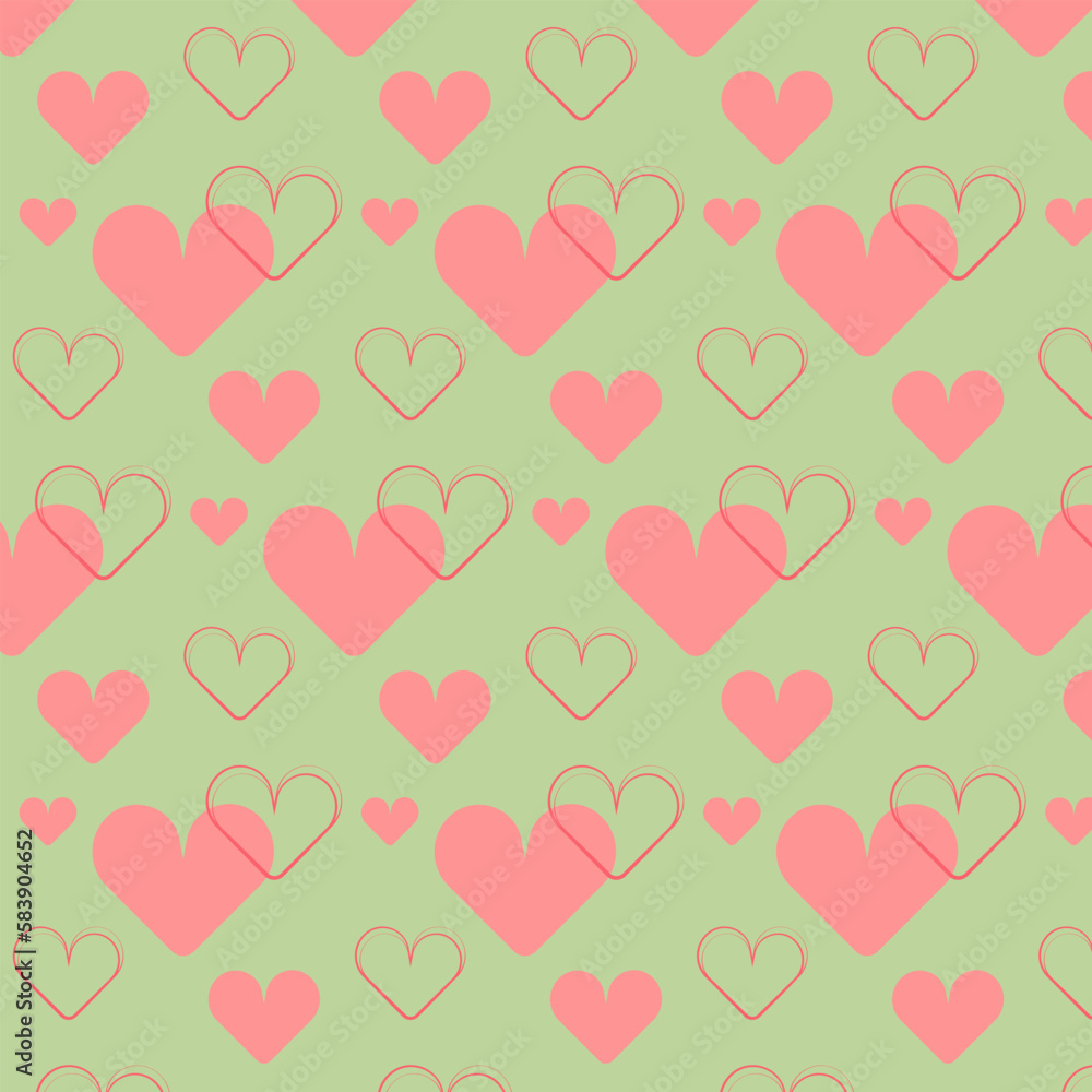Seamless pattern of pink hearts in different sizes on a green background. Vector illustration