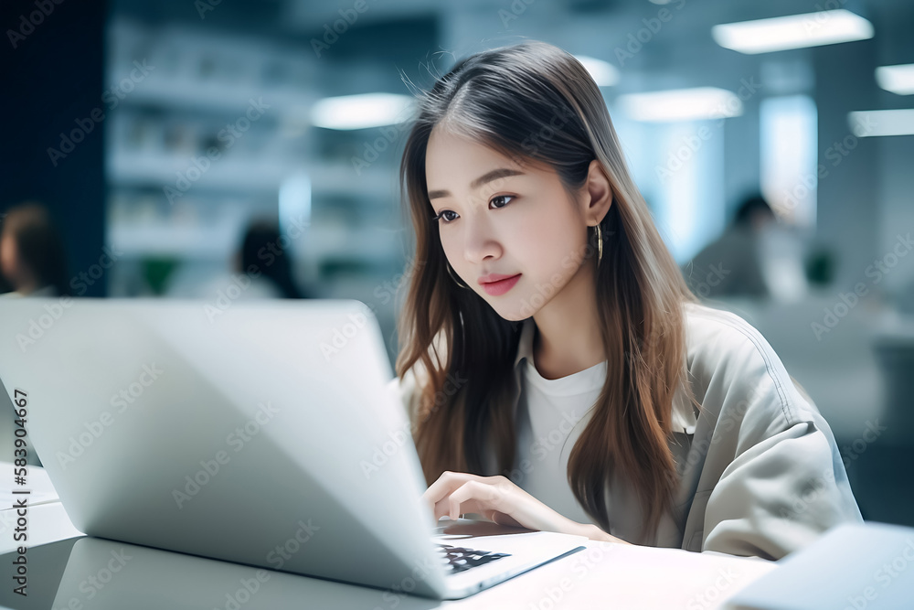 Office Working Girl, Pretty and Cute Asian Smile is sitting in front of Laptop Computer in Office Environment Background created with generative AI. Office Working Girl, Pretty and Cute Asian Smile is sitting in front of Laptop Computer in Office Environment Background created with generative AI.