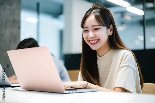 Office Working Girl, Pretty and Cute Asian Smile is sitting in front of Laptop Computer in Office Environment Background created with generative AI.