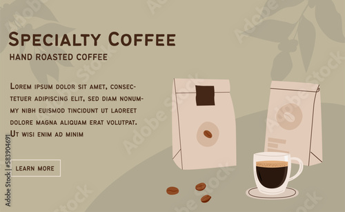 Specialty Coffee web banner with espresso, coffee beans and eco trendy package. Horizontal poster with freshly brew coffee cup on table. Coffee shop template design. Vector flat style illustration.