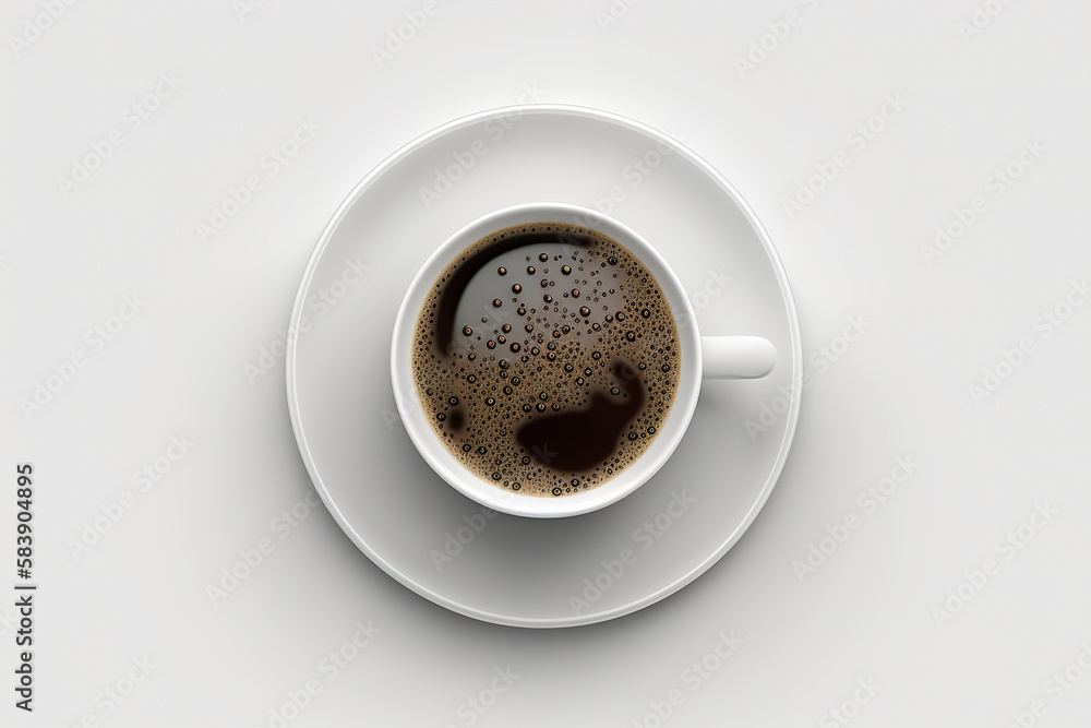 Fototapeta premium Cup of coffee on white background top view morning. Cup with espresso. Black fresh coffee in a cup simple minimal. 3D realistic illustration. Based on Generative AI