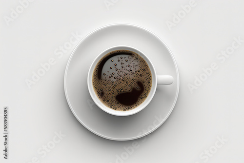 Cup of coffee on white background top view morning. Cup with espresso. Black fresh coffee in a cup simple minimal. 3D realistic illustration. Based on Generative AI