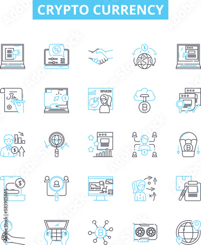 Crypto currency vector line icons set. Crypto, Currency, Bitcoin, Ethereum, Litecoin, Ripple, Dash illustration outline concept symbols and signs
