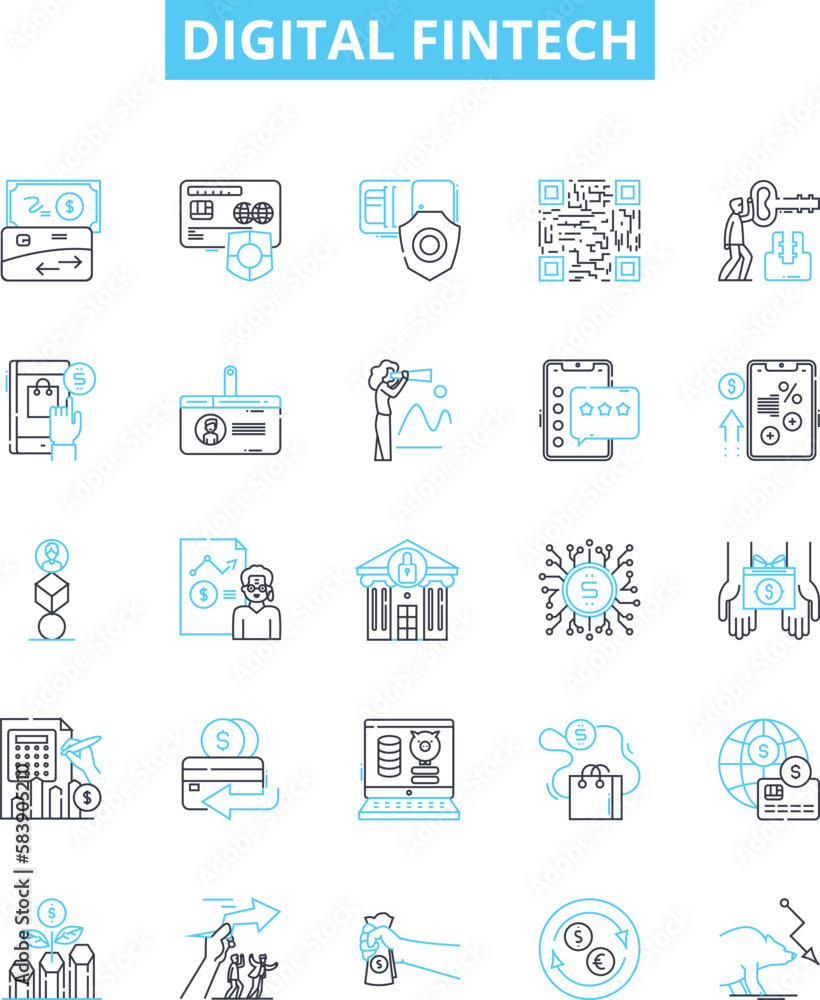 Digital fintech vector line icons set. Fintech, Digital, Payments, Blockchain, Crypto, Banking, Investment illustration outline concept symbols and signs