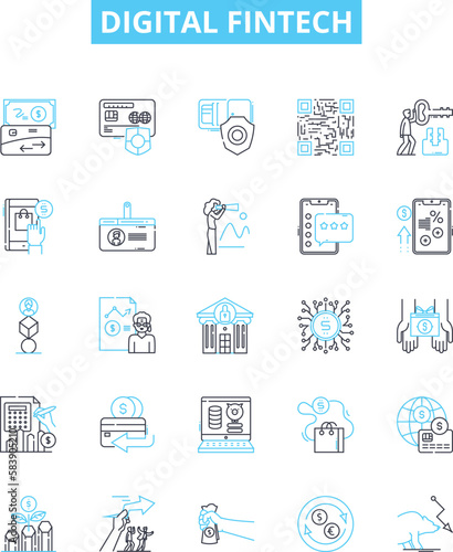 Digital fintech vector line icons set. Fintech, Digital, Payments, Blockchain, Crypto, Banking, Investment illustration outline concept symbols and signs