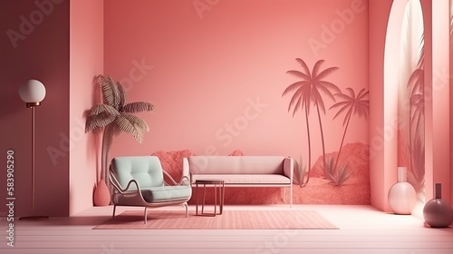 Moderner Innenraum Minimalistisch gehalten mit Couch perfekt zum einrichten in rosa Farben mit bemalter Wand  ki generiert