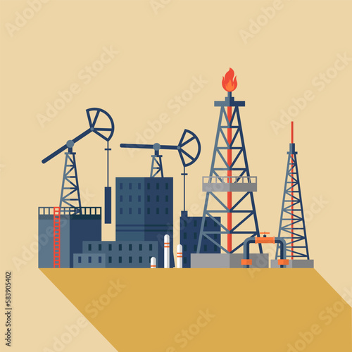Industrial factories silhouette background. Oil and petroleum industry. Oil refinery complex with pipes and tanks gas production rigs with endless steel landscape. Petroleum fuel industry pipeline