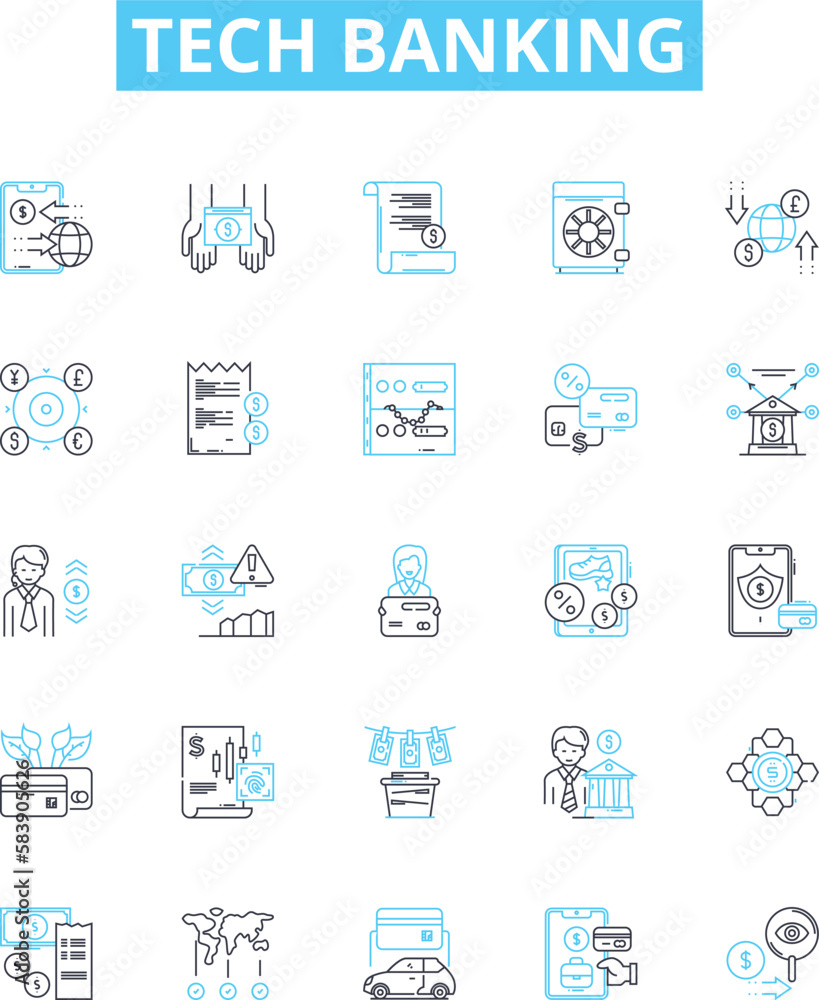 Tech banking vector line icons set. Tech banking Online, Mobile, Security, Fraud, Digital, Payments, ATM illustration outline concept symbols and signs