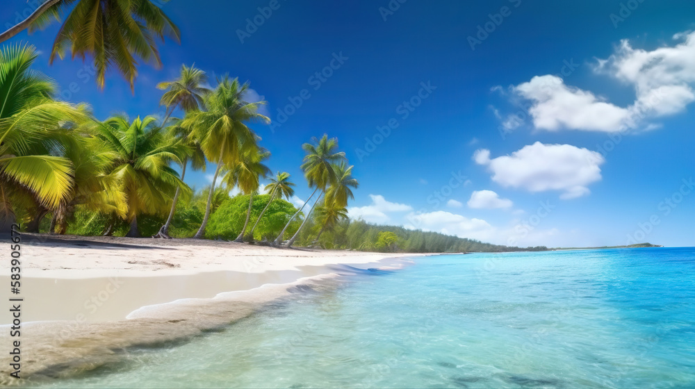Fototapeta premium Caribbean palm beach with white sand and turquoise water. Based on Generative AI