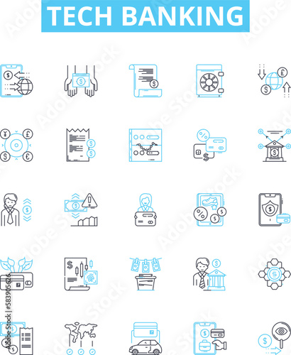 Tech banking vector line icons set. Tech banking Online, Mobile, Security, Fraud, Digital, Payments, ATM illustration outline concept symbols and signs