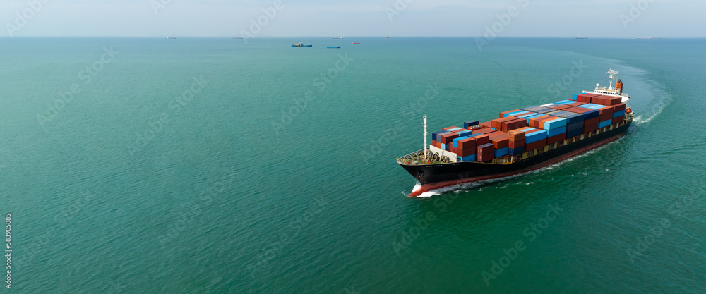 Container ship carrying container import and export, business logistic transportation by container ship in sea,  panoramic copy space for graphic design banner web and tex, aerial view.