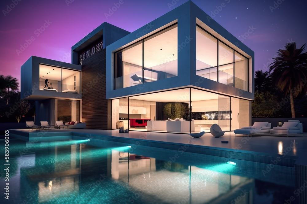 Fototapeta premium Modern luxury home with garden and pool at blue hour, generative ai