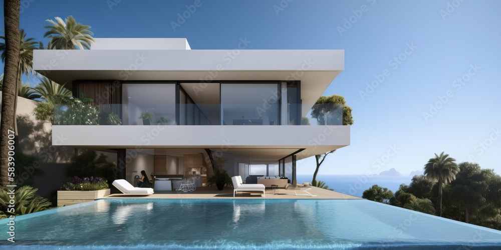 Fototapeta premium Luxury stone classic updated villa with swimming pool and garden, generative ai