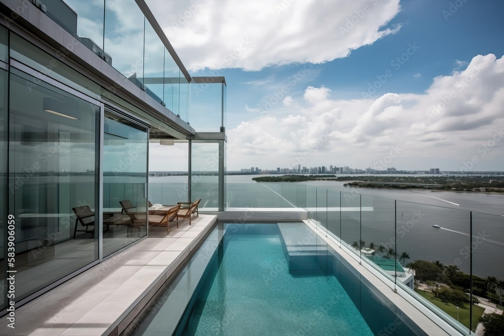 Magnificent penthouse terrace with a swimming pool overlooking Miami, generative AI