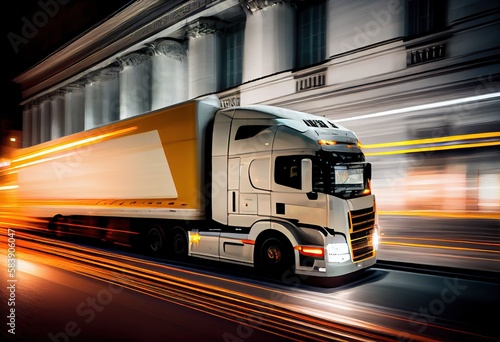 Modern fast truck driving through an urban motorway, generative ai © FrankBoston