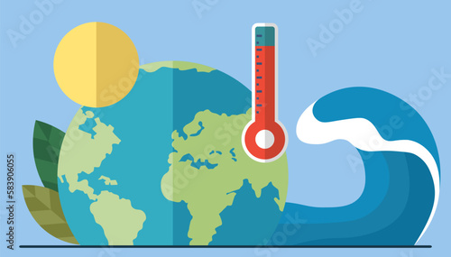 Tsunami with big waves over planet. Rising water levels on Earth lead to tsunami. Huge wave heading towards globe. Catastrophe, cataclysm. Flood, avalanche, hurricane. Climate change. Global warming
