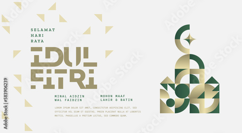 Selamat Hari Raya Idul Fitri.Translation: Happy Eid Mubarak. Eid al-Fitr Greeting with hand lettering calligraphy and illustration. vector illustration.