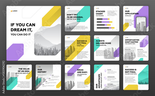 Social media post templates set with cityscape vector illustration on background. Square Instagram posts layouts for personal blog.