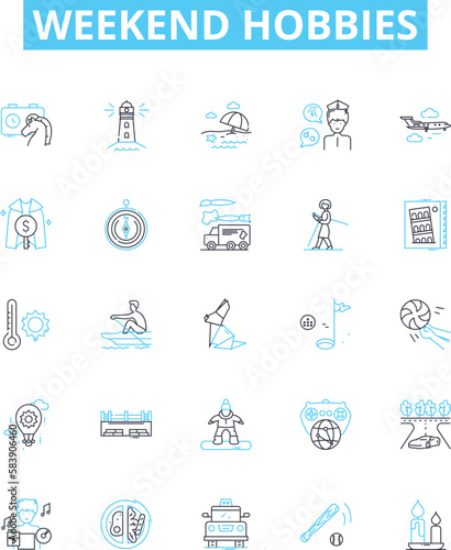 Weekend hobbies vector line icons set. Gardening, Hiking, Fishing, Swimming, Reading, Cooking, Crafting illustration outline concept symbols and signs