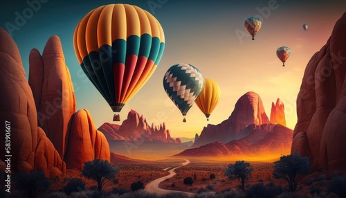 Colorful hot air balloons flying over mountain, generative ai