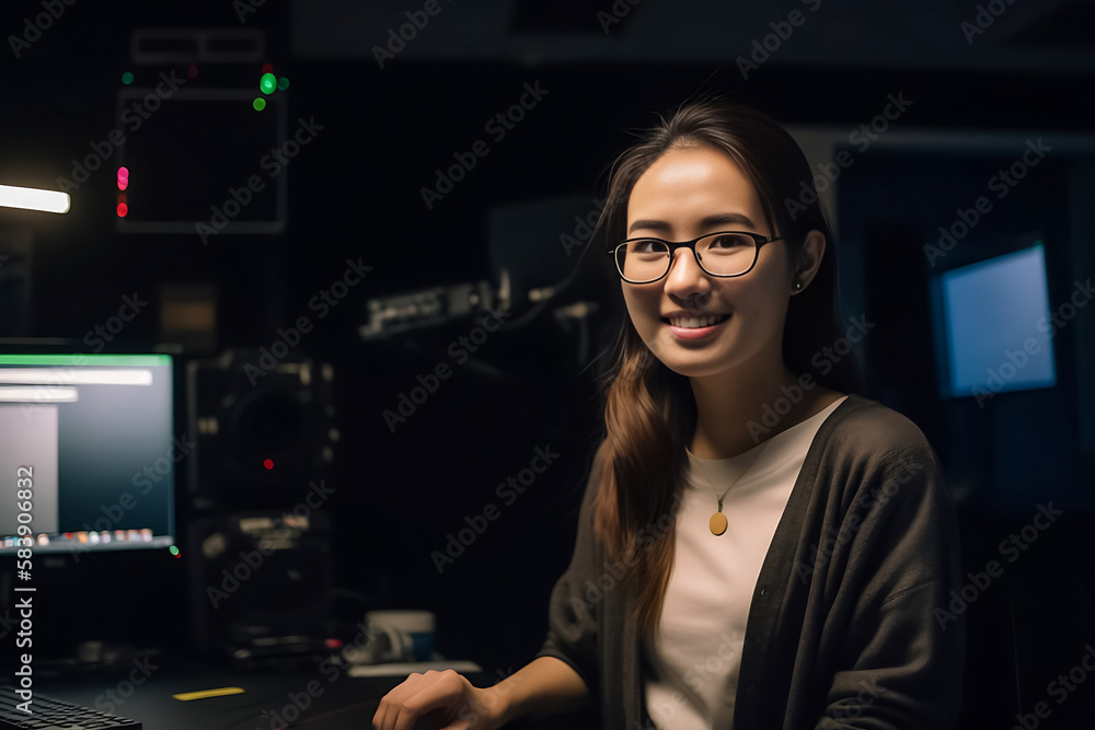Office Working Girl, Pretty and Cute Asian Smile is Standing in front of Camera and Office Environment Background created with generative AI. Office Working Girl, Pretty and Cute Asian Smile is Standing in front of Camera and Office Environment Background created with generative AI.