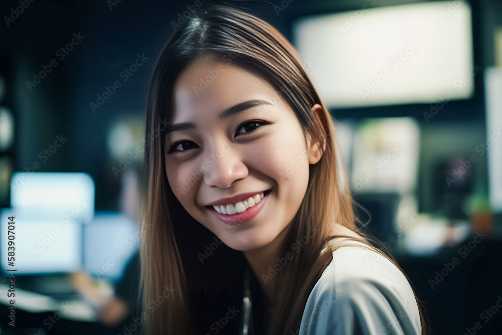 Office Working Girl, Pretty and Cute Asian Smile is Standing in front of Camera and Office Environment Background created with generative AI. Office Working Girl, Pretty and Cute Asian Smile is Standing in front of Camera and Office Environment Background created with generative AI.