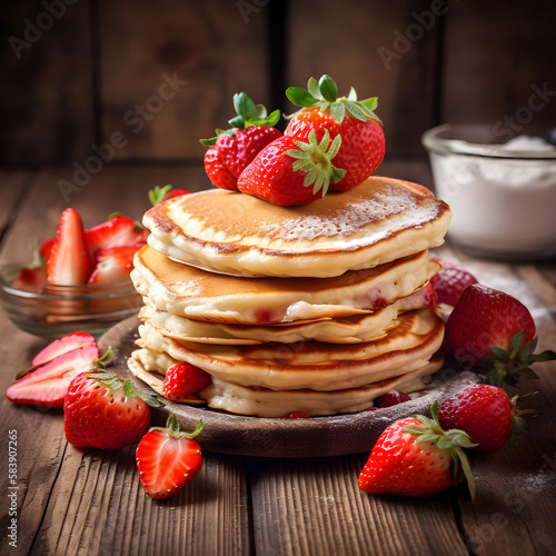 Pancake with strawberry sprinkled with powdered sugar on wooden backgrounds.Healthy breakfast.Ai generated