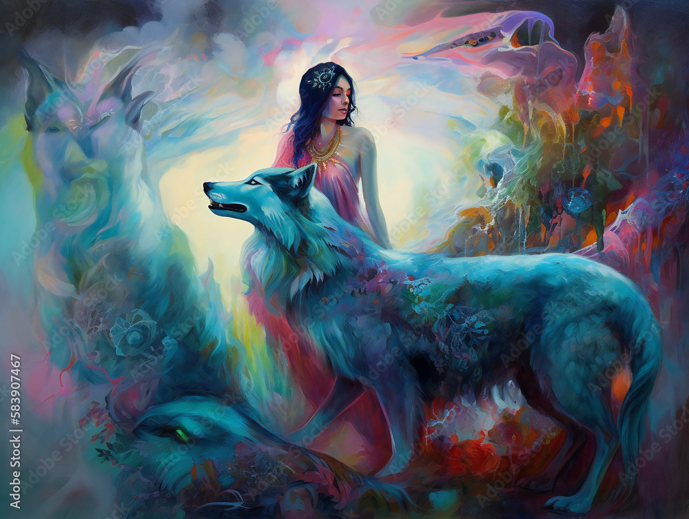 woman and wolf companionship, captivating fantasy artwork, magical bond, stunning colors, generative AI
