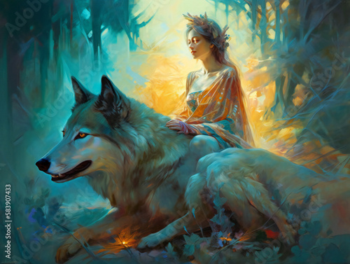 female figure alongside graceful wolf, magical creatures, mesmerizing illustration, lush tones, generative AI
