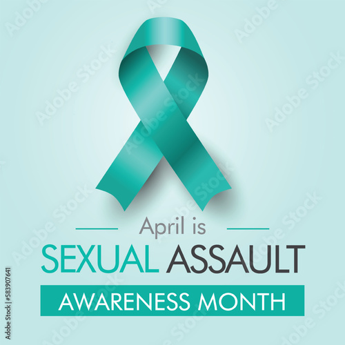 Sexual Assault Awareness Month. Banner with teal ribbon on white background. Square vector illustration with elegant text description.