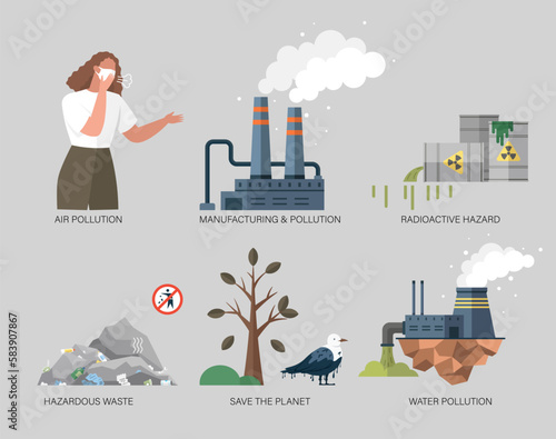 Environment pollution and ecology disaster. Factory air and water pollution. Power plant air pollution or industry factory. Smoke and air pollution. Industrial plant clouds of smoke, smog and fog