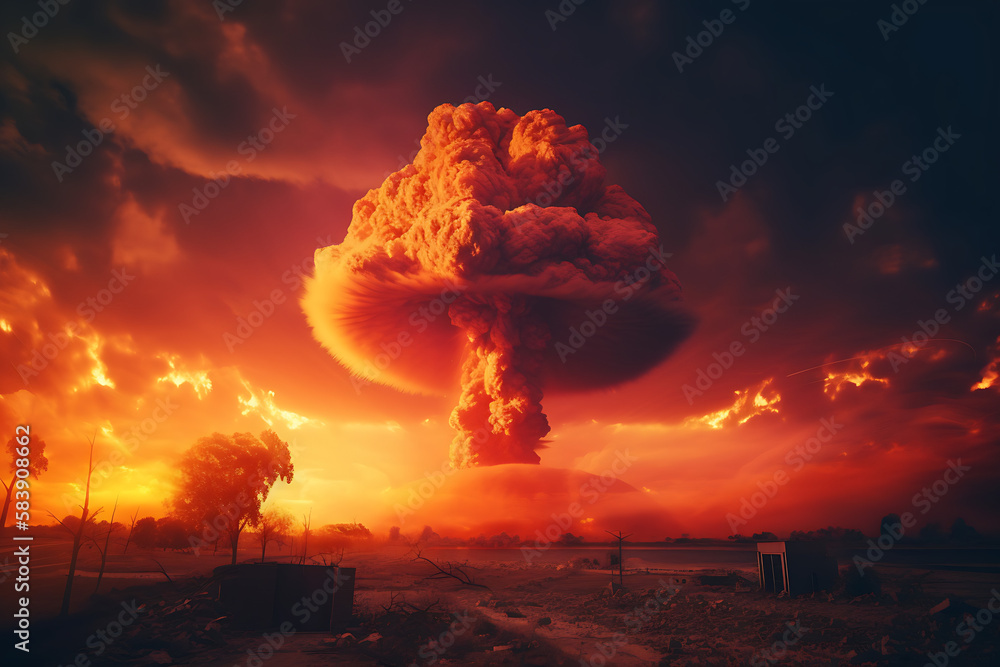 a nuclear explosion with a red sky in the background